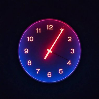 Red and blue neon clock glowing brightly on a dark background clipart