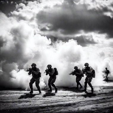 A chaotic battlefield scene in black and white, with soldiers charging forward amidst explosions and smoke, capturing the intensity of war. clipart