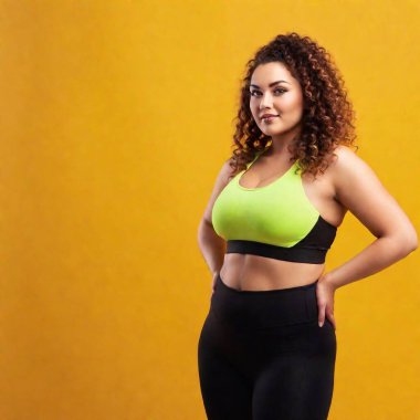 plus size model woman wearing sportive outfit and posing against yellow background in studio clipart