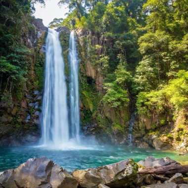 A secluded waterfall in a tropical jungle with crystal-clear waters and vibrant green vegetation  clipart