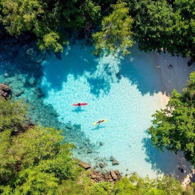 top view  couple kayaking in crystal-clear waters, exploring hidden coves and sandy beaches clipart