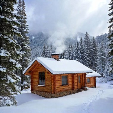 A cozy cabin with smoke curling from the chimney, surrounded by tall pine trees  clipart