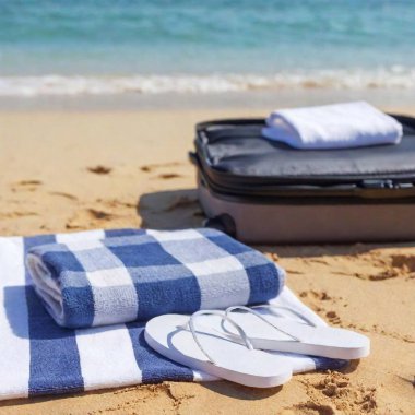 Luggage bag beside beach towel and flip-flops on the sand, with clear blue ocean stretching out in the background clipart