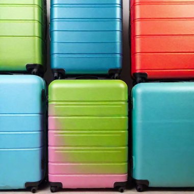 Set of vibrant vacation luggage bags stacked next to background for copy space clipart