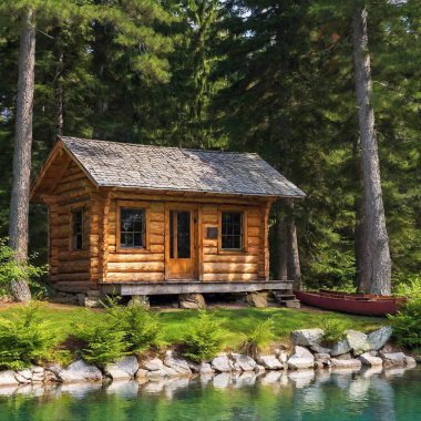 A vivid photo of a rustic wooden cabin built from reclaimed logs, sitting by a pristine lake, with a fire pit nearby and canoes lined up on the shore under the shade of towering pines clipart