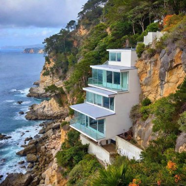 cozy retreat built into a cliffside with cantilevered balconies offering breathtaking views of the ocean below clipart