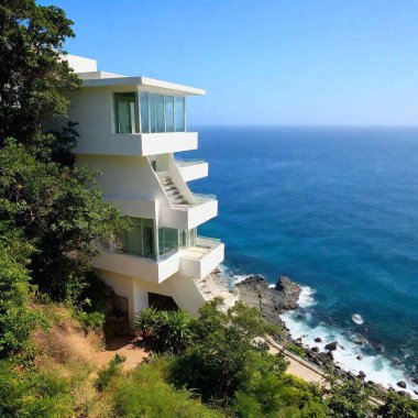 cozy retreat built into a cliffside with cantilevered balconies offering breathtaking views of the ocean below clipart