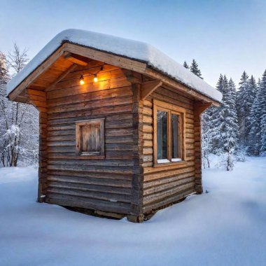 Cozy wooden hut in snow-covered forest clipart