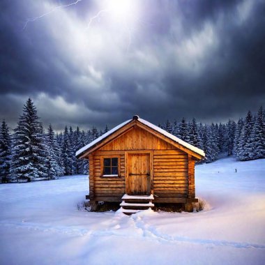 Rustic wooden hut standing alone in snowy landscape, backdrop of dark winter sky. clipart