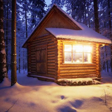 Cozy wooden hut in quiet winter forest, light bulbs flickering inside creating beautiful atmosphere. clipart