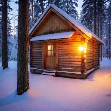 Cozy wooden hut in quiet winter forest, light bulbs flickering inside creating beautiful atmosphere. clipart