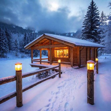 Charming wooden hut with twinkling light bulbs adorning the porch and nearby lake reflecting the winter scenery  clipart