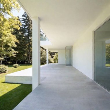 Sleek, modern concrete white house beautifully integrated into lush green forest, with large windows reflecting the surrounding trees. clipart