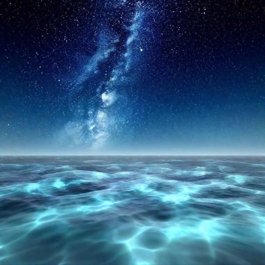 Ocean of Stars: A long shot of an ocean with waves and starry sky clipart