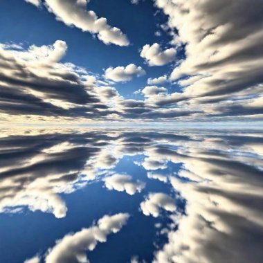 A large rectangular mirror reflecting the sky with clouds, creating an illusion of infinite space and reflection. A surreal landscape in the style of digital art. clipart