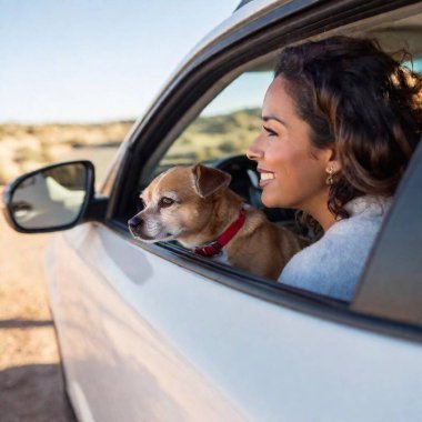 A point of view shot, side view of a Hispanic adult female driving with her small dog sitting in the passenger seat, looking out the window. clipart