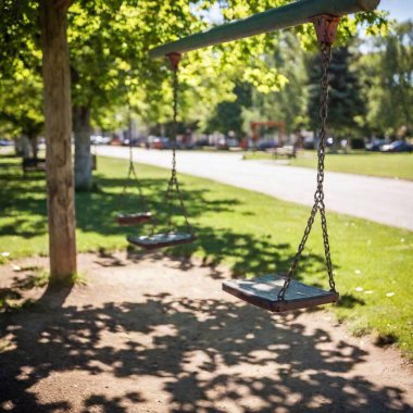 A full shot of an old, decaying playground with rusted swings that creak in the wind.  clipart