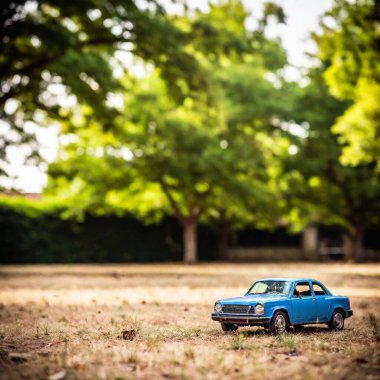 A large, open field with an abandoned toy car in the foreground, sharply focused while the background fades into a distant playground, captured in an extreme wide shot at eye level clipart