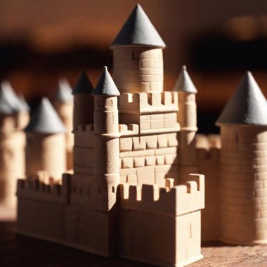 Macro flat lay of a toy castle set, with the tower in crisp focus and the surrounding walls and turrets softly fading into a blur  clipart