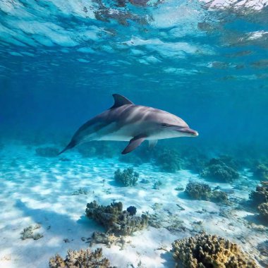 Wide shot from over-the-hip of a playful dolphin swimming through a patch of marine debris, with deep focus highlighting the stark contrast between the dolphin's grace and the pollution. clipart