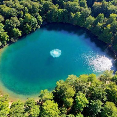 Aerial shot of a vibrant jellyfish bloom captured in extreme long shot, with tilt-shift effect highlighting the intricate details and movement of the jellyfish in the water. clipart