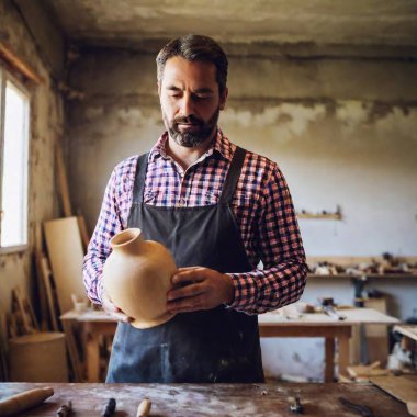 An eye-level shot of a craftsman working in a cozy workshop, with tools and materials in the foreground, and rack focus drawing attention to a beautiful hand-turned wooden vase. clipart