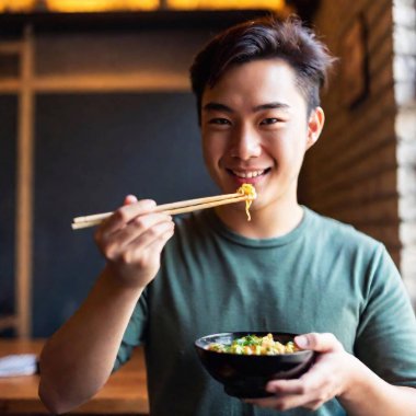 A point of view shot, front view of an Asian male enjoying a hot bowl of ramen in a cozy noodle shop, chopsticks in hand. clipart