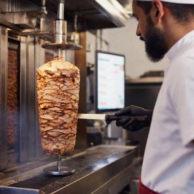 A medium close-up, side view of a Middle-Eastern male preparing shawarma at a food truck, with the meat spinning on the spit, dutch angle shot. clipart