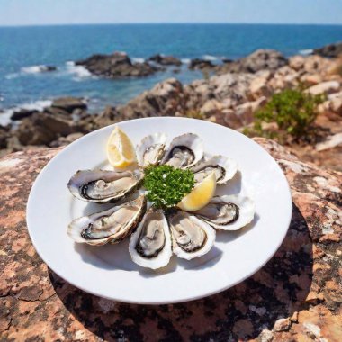 oysters in plate against ocean background with empty clear mockup poster frame clipart