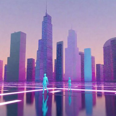 Figures made of glossy plastic, floating in a surreal, futuristic city filled with transparent skyscrapers and neon lights. clipart