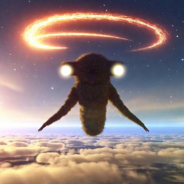 A surreal otherworldly creature with three eyes and glowing, feathery limbs, drifting through a landscape of endless skies and floating orbs of light. clipart