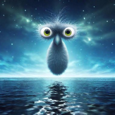 A surreal otherworldly creature with three eyes and glowing, feathery limbs, drifting through a landscape of endless skies and floating orbs of light. clipart