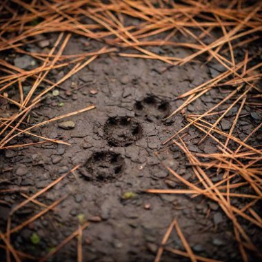 Close-up of a red fox's pawprints in the dirt, surrounded by fallen pine needles. clipart