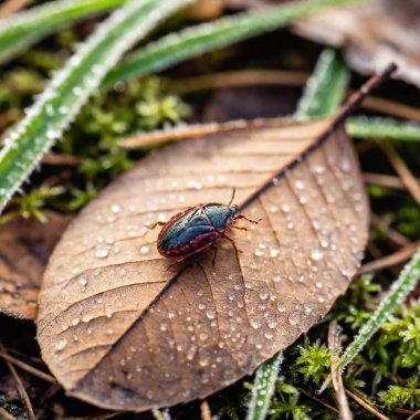 Macro of a deer tick resting on a frost-covered leaf in the winter woods. clipart