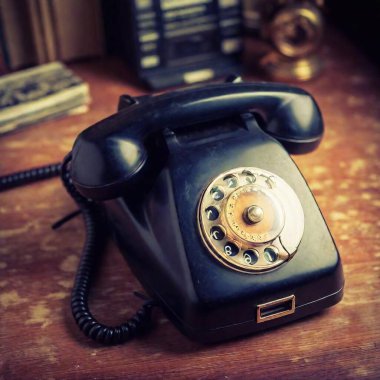 A vintage telephone on a cluttered table, styled as an 80s analog photo, featuring soft grain, dust particles, and scratches that give it a nostalgic feel clipart