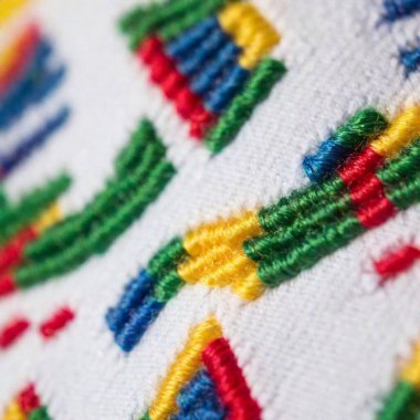 Detailed macro of embroidery on a fabric, showcasing colorful threads and stitches. clipart