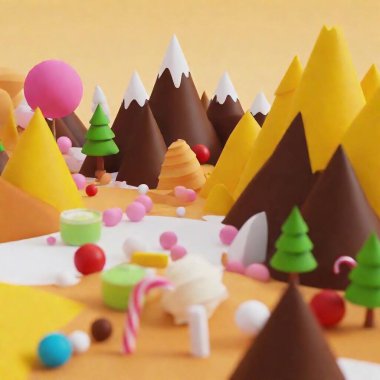 Dreamy Dessert Landscape: Medium long shot of a landscape made entirely of desserts ice cream mountains and candy trees focusing on a river of chocolate that glistens in the sunlight.  clipart