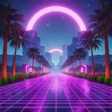 A lush, tropical environment transformed by 80s-inspired retro futurism, with vibrant plants and animals illuminated by neon lights and flying cars gliding overhead. clipart