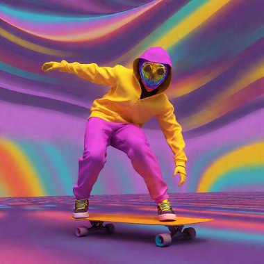 Cosmic Streetwear: A yellow alien with a long antenna, outfitted in a vibrant hoodie and neon sneakers, skateboarding through a colorful intergalactic market.  clipart