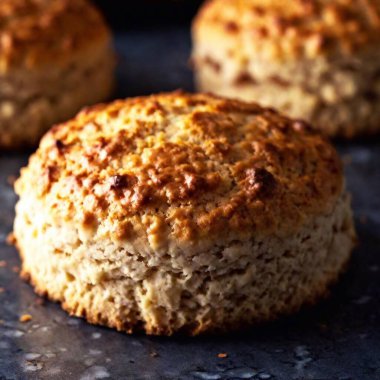 Macro of a freshly baked scone, focusing on the buttery, golden exterior. clipart