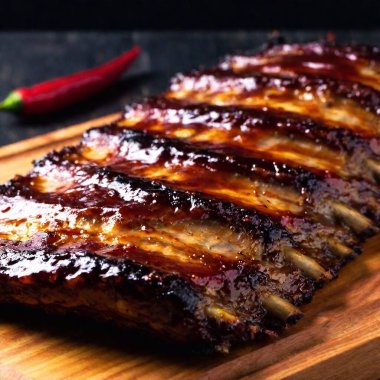 Close-up of the charred surface of ribs with a thick layer of barbecue sauce. clipart