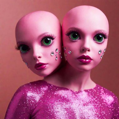 pink aliens couple with big eyes, shimmering rhinestones bodies clipart