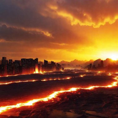 volcanic apocalypse where the earth is covered in molten lava and ash clouds block out the sun. destroyed city with ruins  clipart