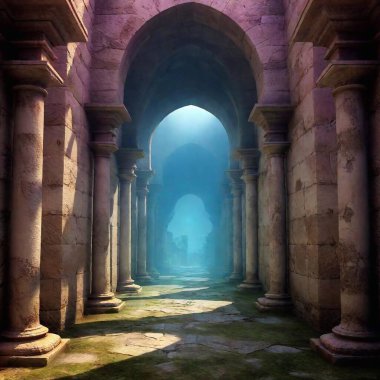 Dark energy swirling around an ancient, ruined temple, with faint whispers emanating from the shadows. clipart