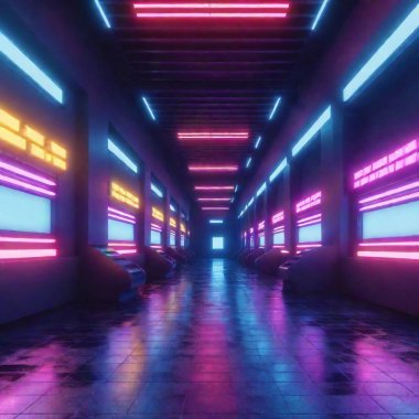 Abandoned cyberpunk marketplace, with futuristic neon signs flickering. clipart