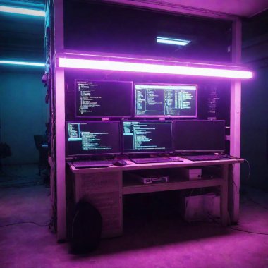 A hacker hideout in an abandoned cyberpunk skyscraper, illuminated by glitching monitors. clipart