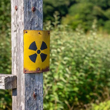 A close-up of a weathered radiation warning sign, its colors faded and peeling, standing precariously at the entrance of a desolate area filled with overgrown vegetation. clipart