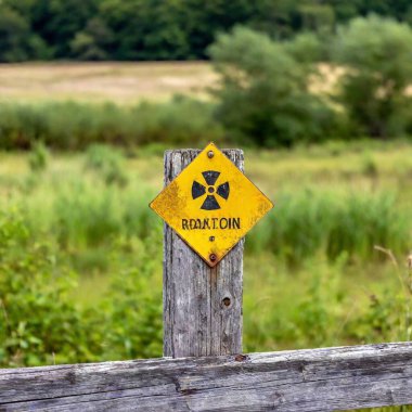 A close-up of a weathered radiation warning sign, its colors faded and peeling, standing precariously at the entrance of a desolate area filled with overgrown vegetation. clipart