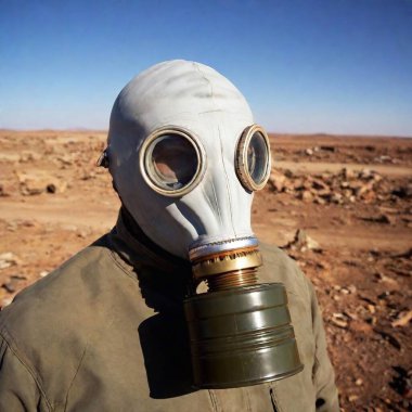 A close-up shot of a gas mask resting against a weathered face, the fabric frayed and stained, as the survivor navigates through a barren landscape filled with toxic debris. clipart