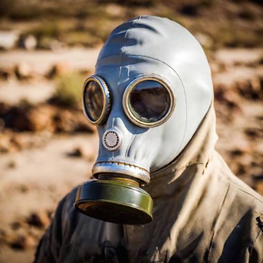 A close-up shot of a gas mask resting against a weathered face, the fabric frayed and stained, as the survivor navigates through a barren landscape filled with toxic debris. clipart